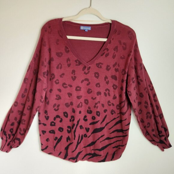 Democracy Sweaters - Democracy 1X Animal Print V-Neck Long Sleeve Sweater Burgundy 100% Cotton